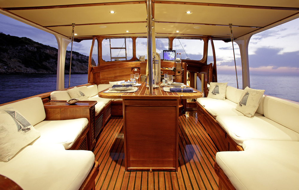 full size Rota II Crewed Motor sailer rent inGreece deck saloon3